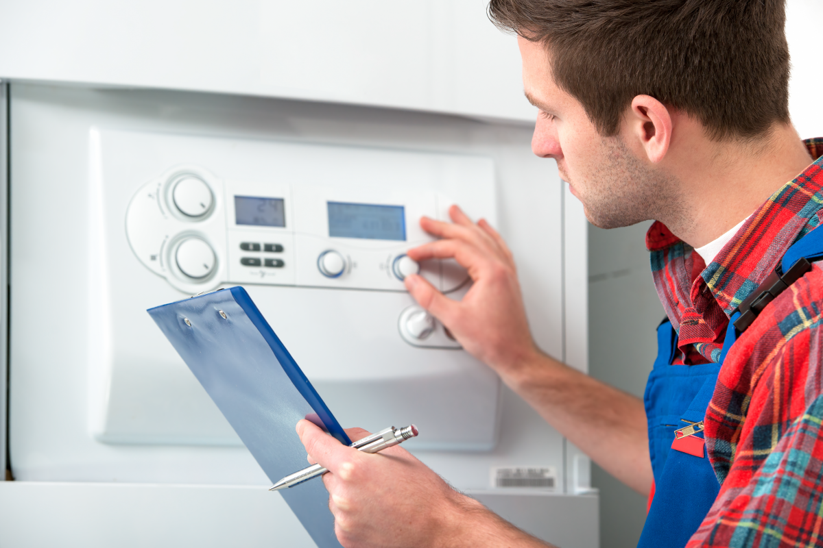 An HVAC technician inspecting or servicing a residential heating system, adjusting settings and taking notes on a clipboard.