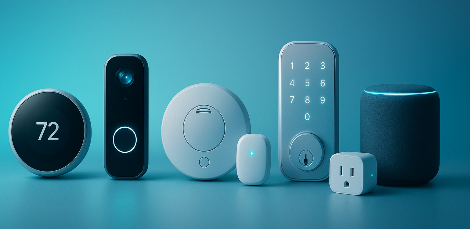 Smart home devices including a thermostat, video doorbell, smoke detector, door lock, smart plug, and voice assistant.