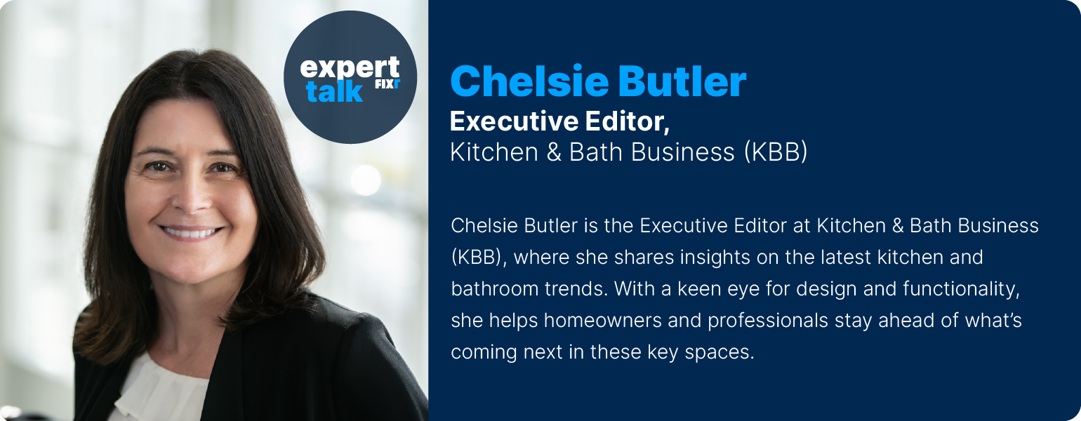 Headshot and short bio of Chelsie Butler, an executive editor at KBB and writer specializing in kitchen and bath design, known for her expertise in industry trends and interior design insights.