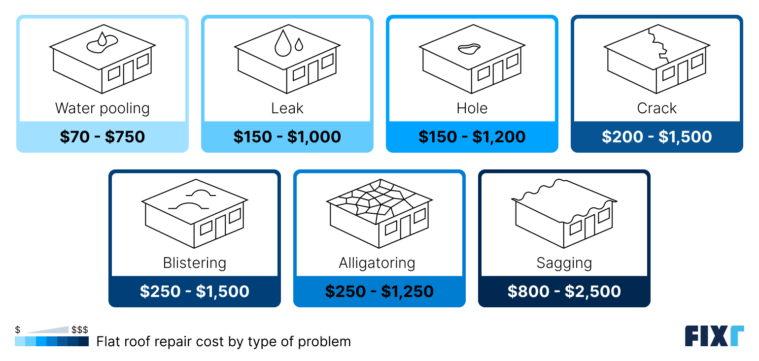 Flat roof repair cost by type of problem: water pooling, roof leak, hole, crack, blistering, alligatoring, and sagging.