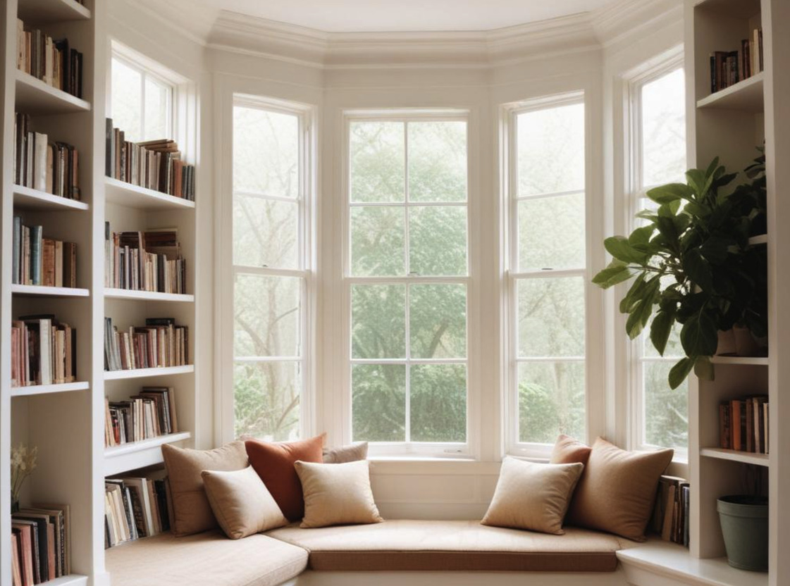 Built-in shelving around a bay window