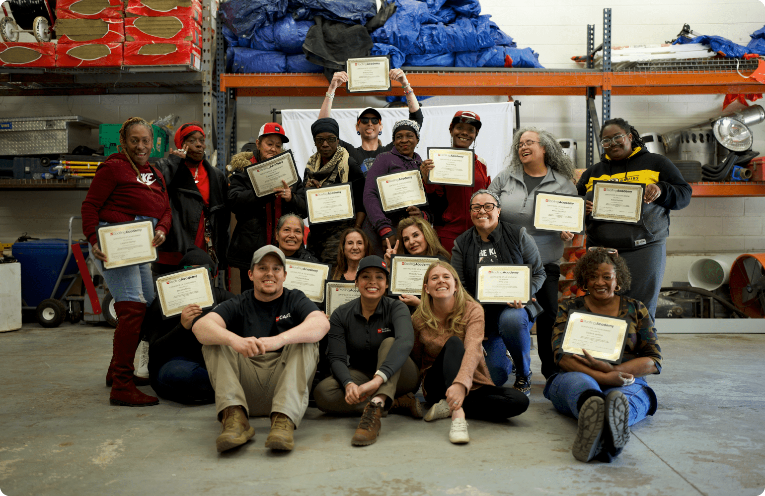 GAF Roofing Academy students with certificates of completion