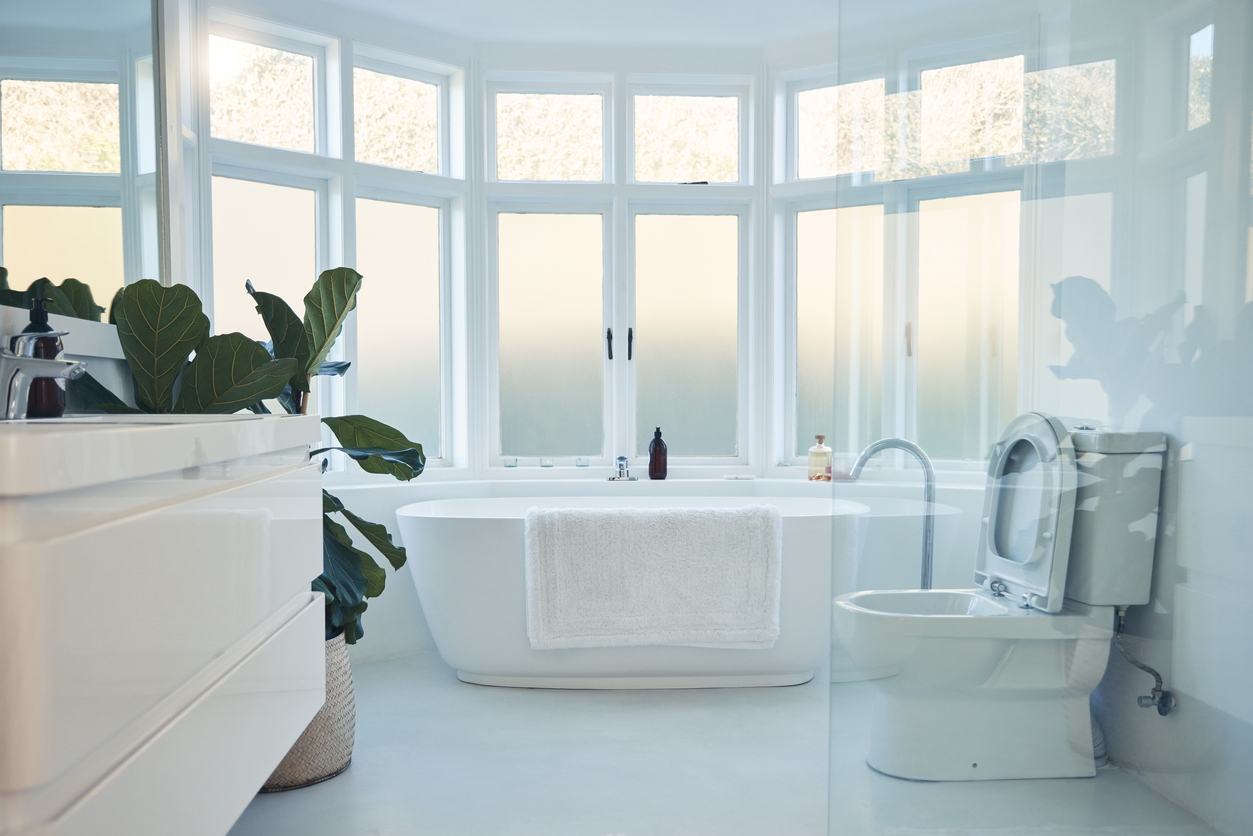 Bathtub placed near bay window